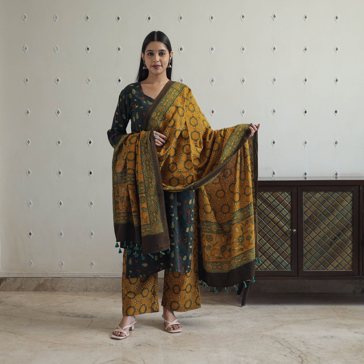  Block Printed Cotton Ajrakh Kurta Set 
