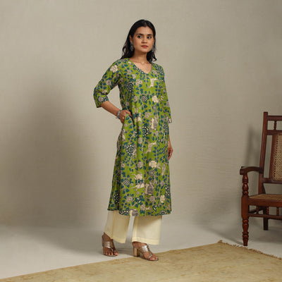 Green Printed Cotton A-Line Kalamkari Kurta