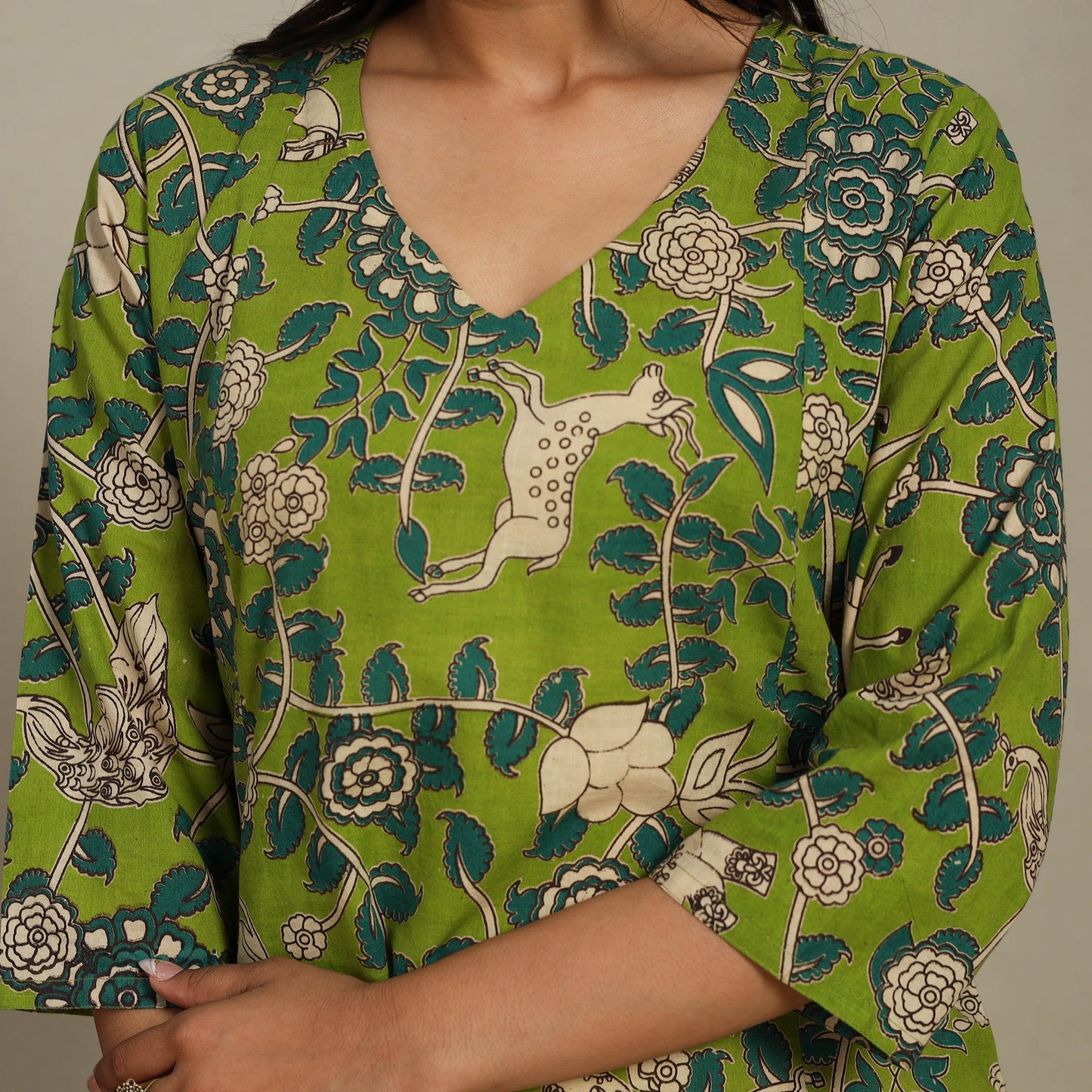 Green Printed Cotton A-Line Kalamkari Kurta