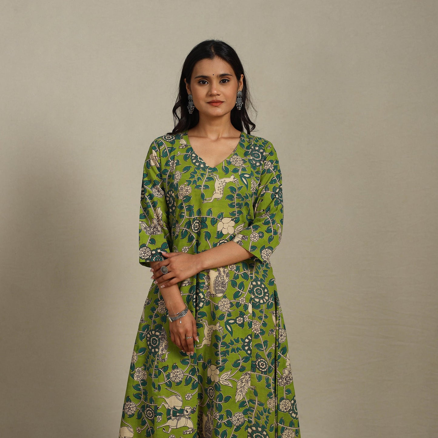Green Printed Cotton A-Line Kalamkari Kurta