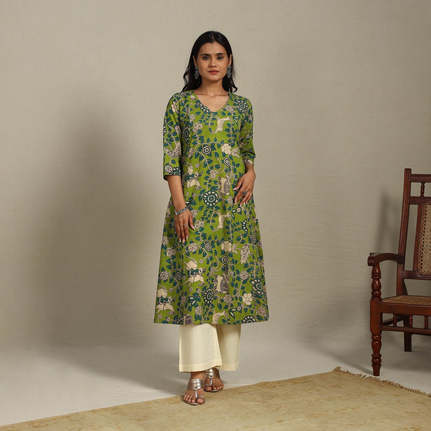 Green Printed Cotton A-Line Kalamkari Kurta
