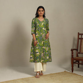 Green Printed Cotton A-Line Kalamkari Kurta