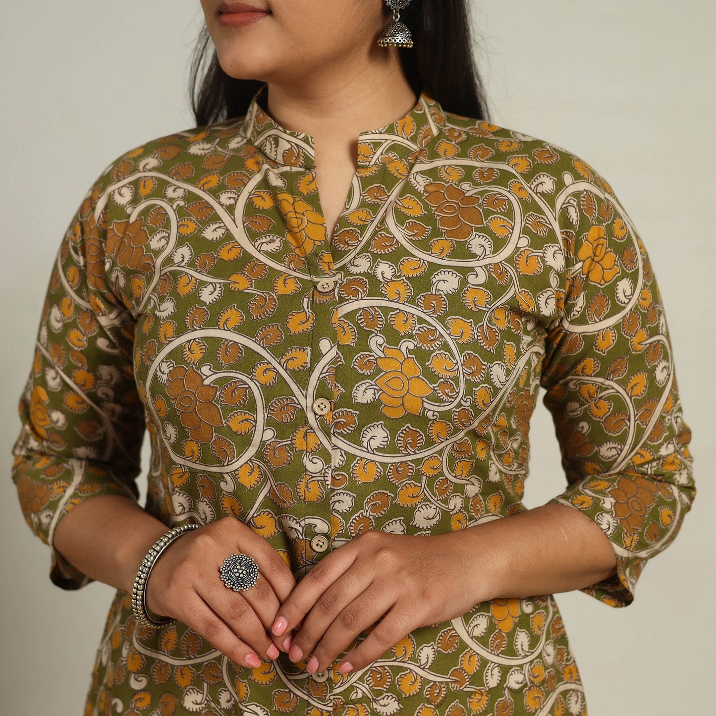 Green Printed Cotton A-Line Kalamkari Kurta for Women