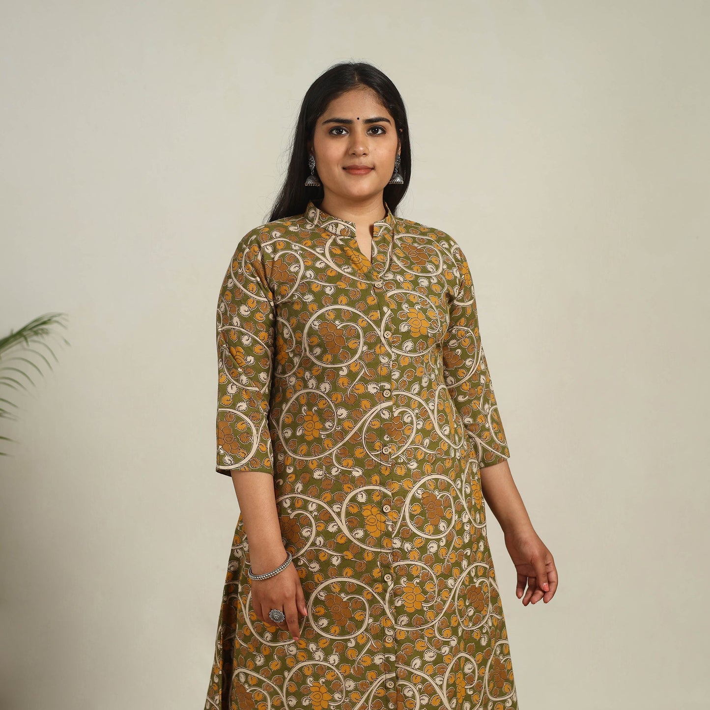  Green Printed Cotton A-Line Kalamkari Kurta for Women