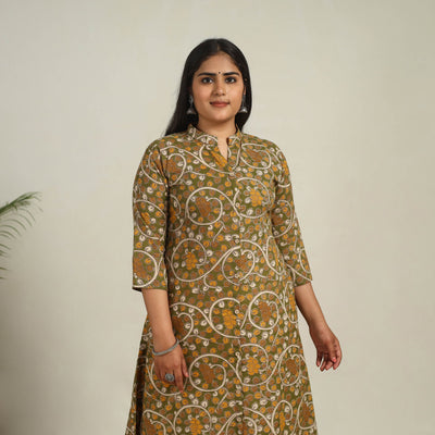  Green Printed Cotton A-Line Kalamkari Kurta for Women