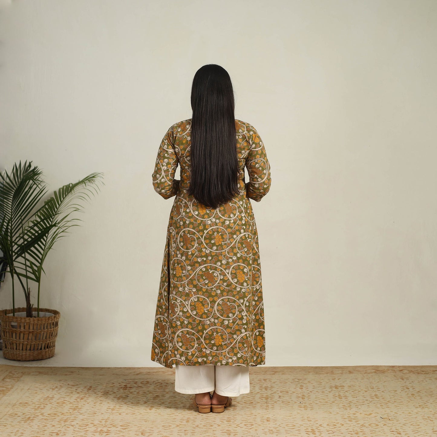  Green Printed Cotton A-Line Kalamkari Kurta for Women