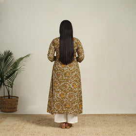  Green Printed Cotton A-Line Kalamkari Kurta for Women