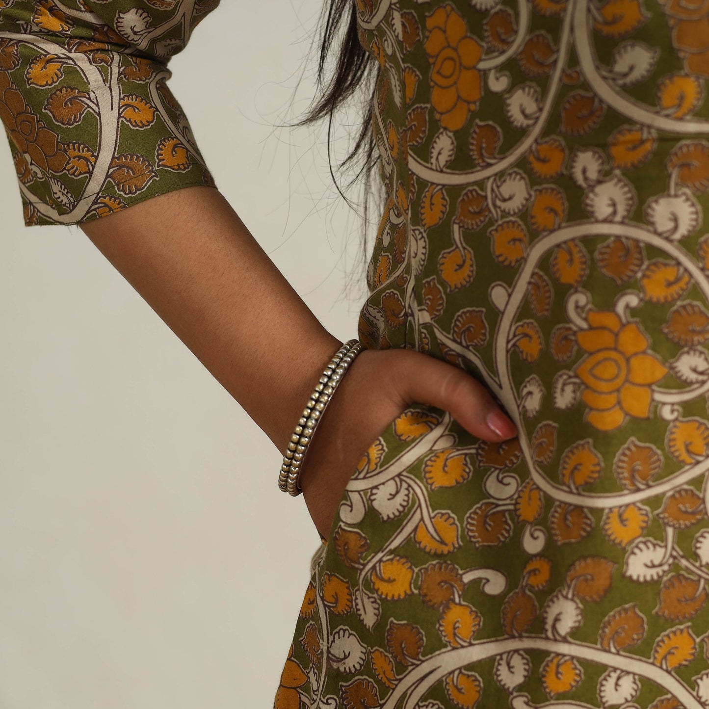  Green Printed Cotton A-Line Kalamkari Kurta for Women