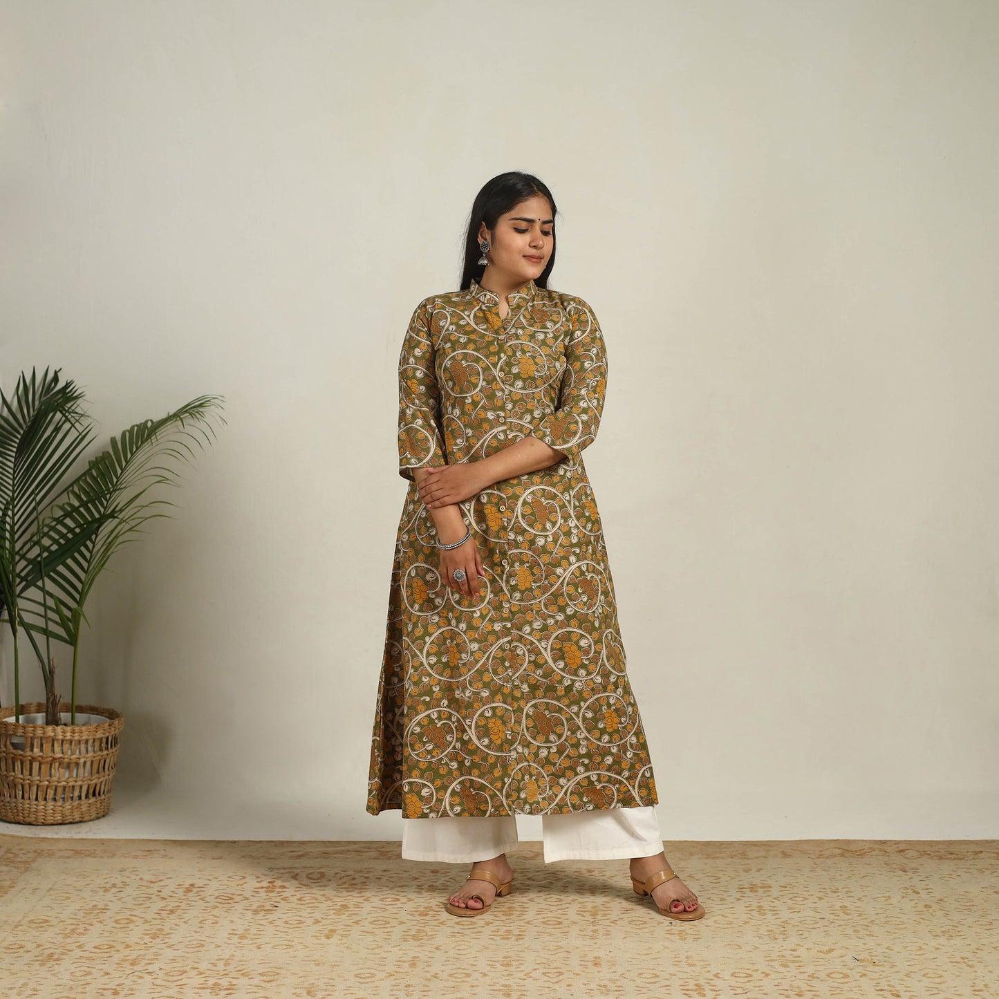  Green Printed Cotton A-Line Kalamkari Kurta for Women