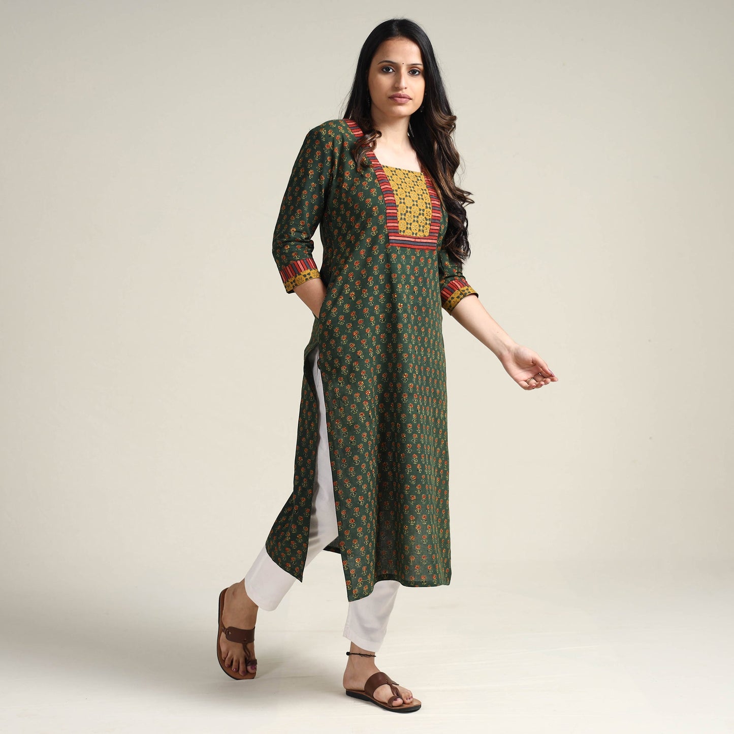 Green - Ajrakh Block Printed Cotton Long Kurta