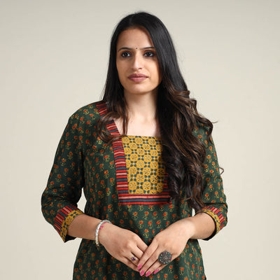 Green - Ajrakh Block Printed Cotton Long Kurta