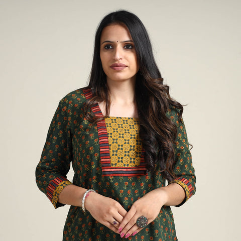 Green - Ajrakh Block Printed Cotton Long Kurta