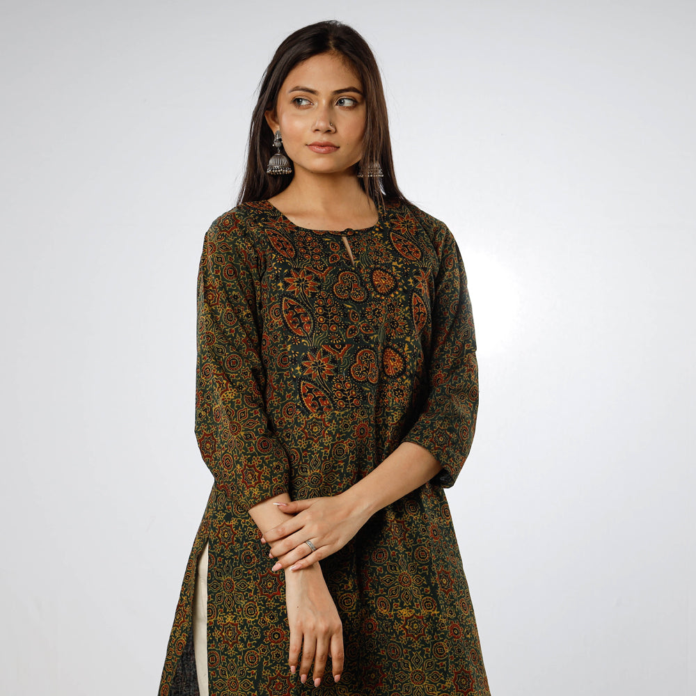 Buy Green - Ajrakh Block Printed Cotton Long Kurta Online at iTokri.com