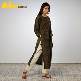 Buy Green - Ajrakh Block Printed Cotton Long Kurta Online at iTokri.com