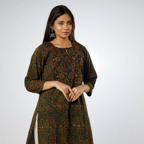 Buy Green - Ajrakh Block Printed Cotton Long Kurta Online at iTokri.com