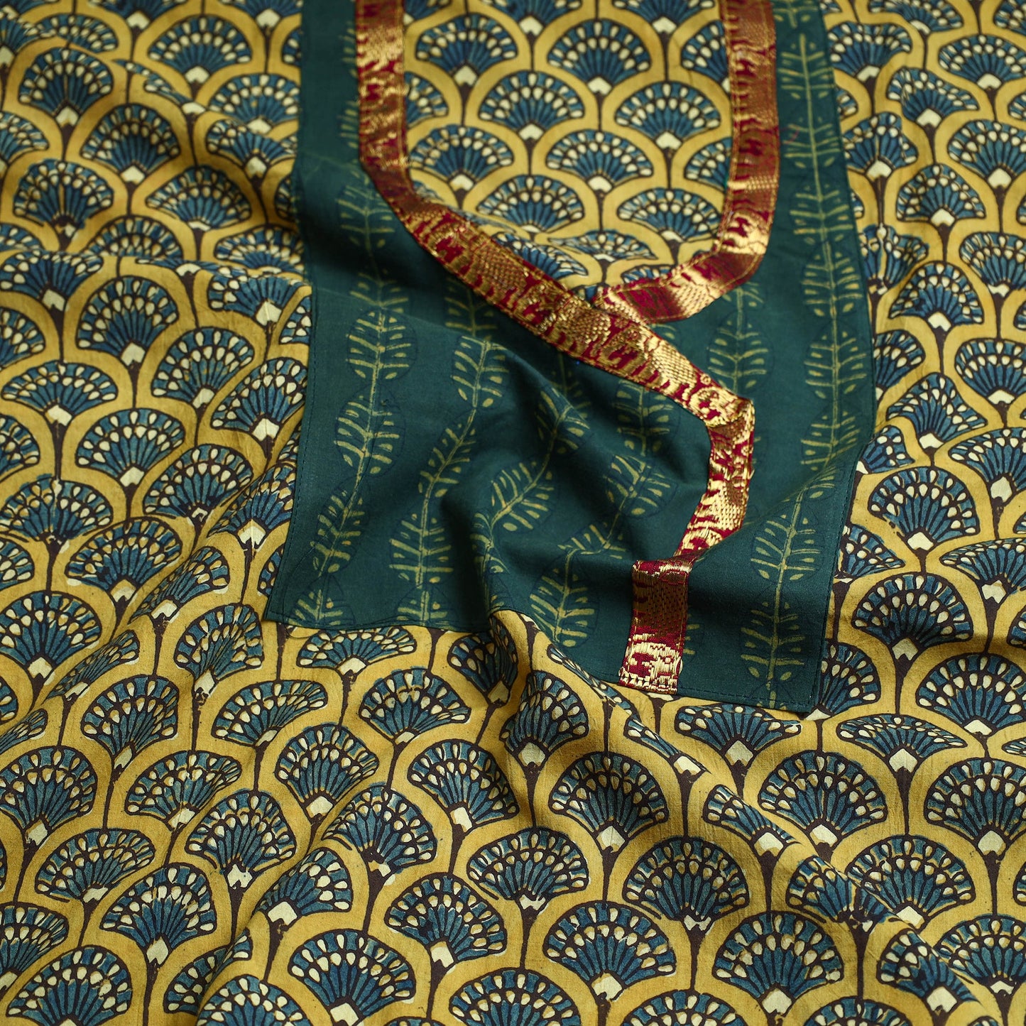 Green - Block Printed Cotton Ajrakh Kurta Material (2.8 meter) 01