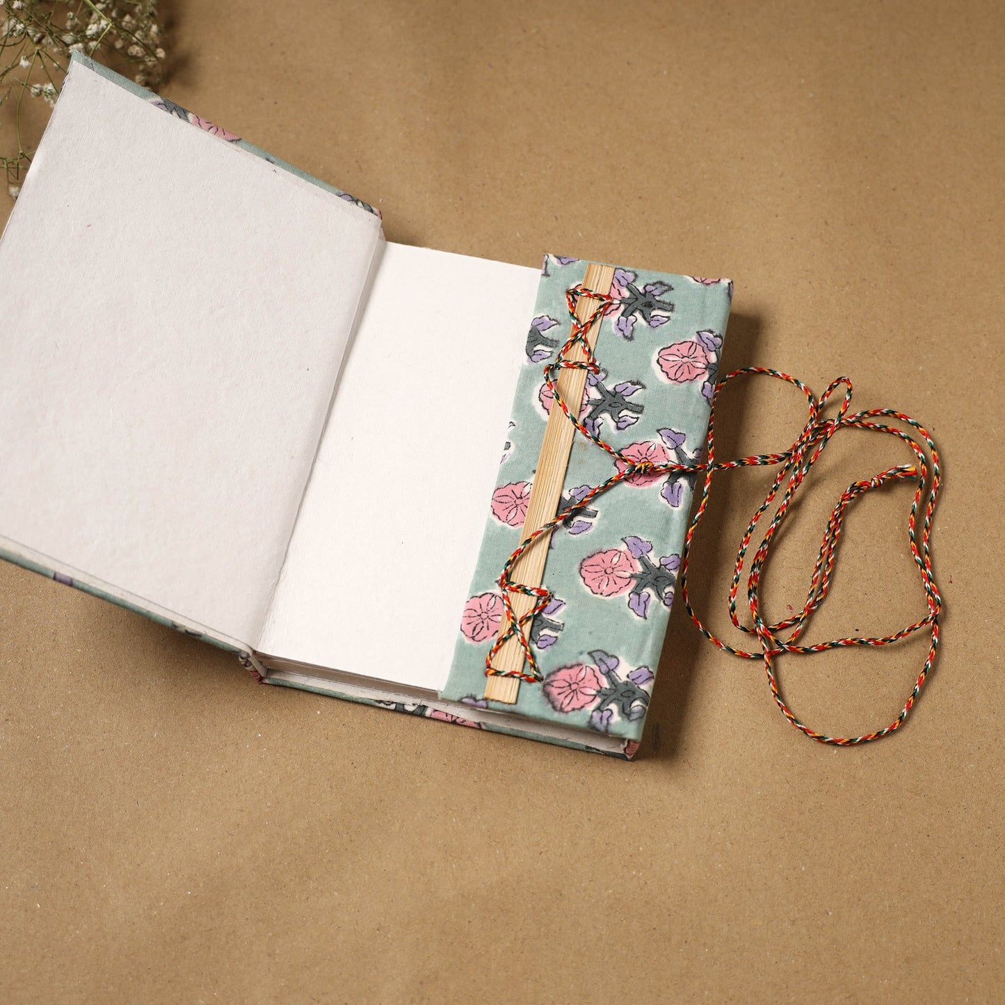 Printed fabric cover handmade paper notebook with thread