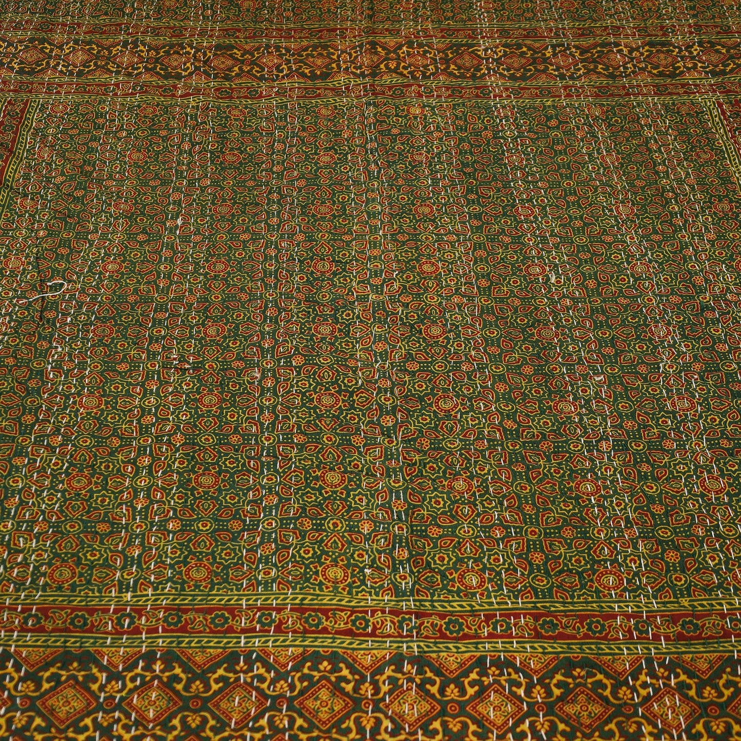  Ajrakh Block Printed Kantha Work Cotton Double Bed Cover Online at iTokri.com