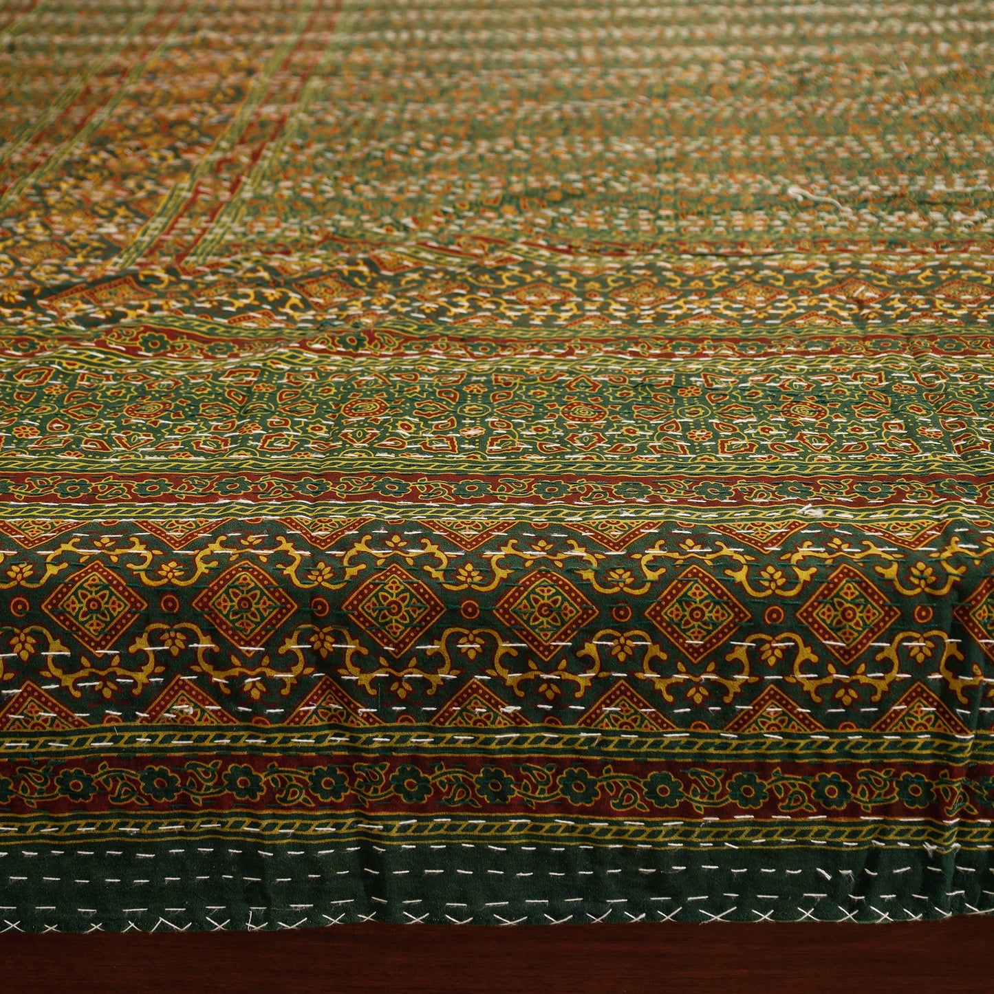  Ajrakh Block Printed Kantha Work Cotton Double Bed Cover Online at iTokri.com