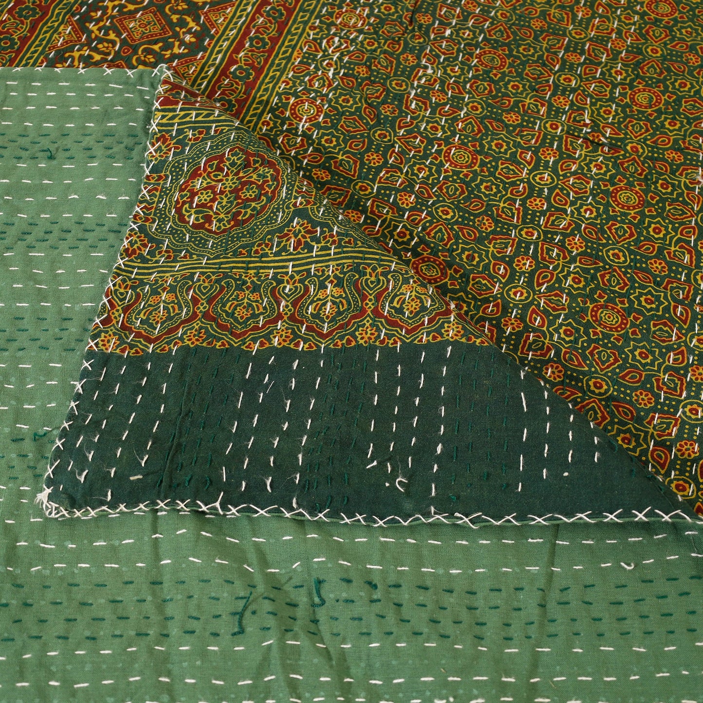  Ajrakh Block Printed Kantha Work Cotton Double Bed Cover Online at iTokri.com