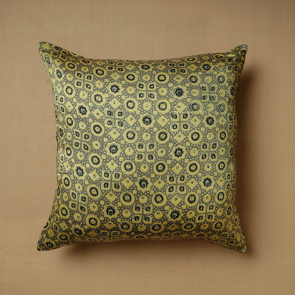 Green - Ajrakh Block Printed Mashru Silk Cushion Cover (16 x 16 in)