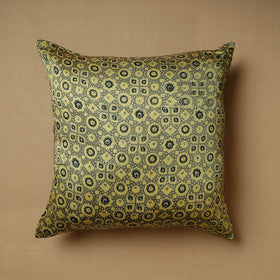 Green - Ajrakh Block Printed Mashru Silk Cushion Cover (16 x 16 in)
