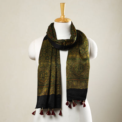 Buy Ajrakh Block Printed Mashru Silk Stole with Tassels Online at iTokri.com