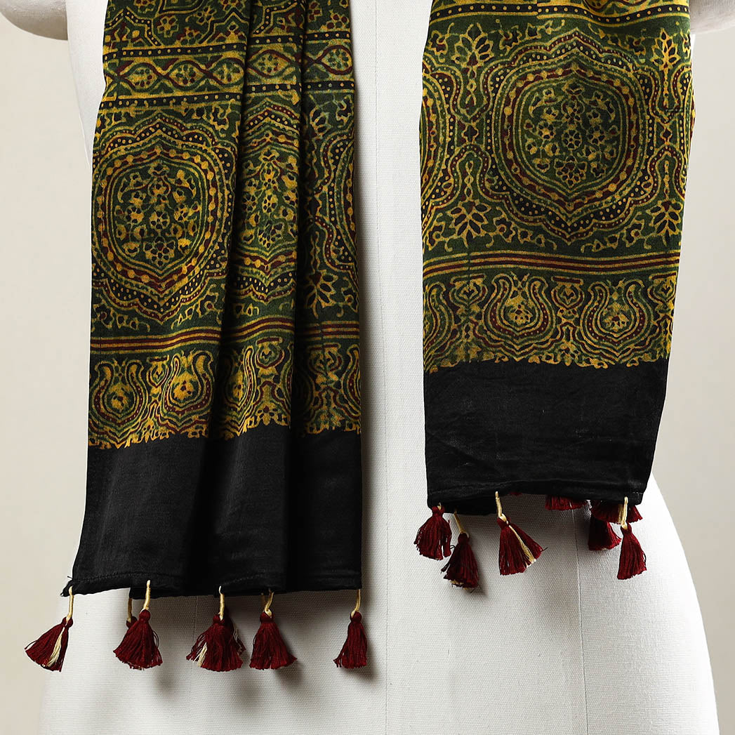 Buy Ajrakh Block Printed Mashru Silk Stole with Tassels Online at iTokri.com