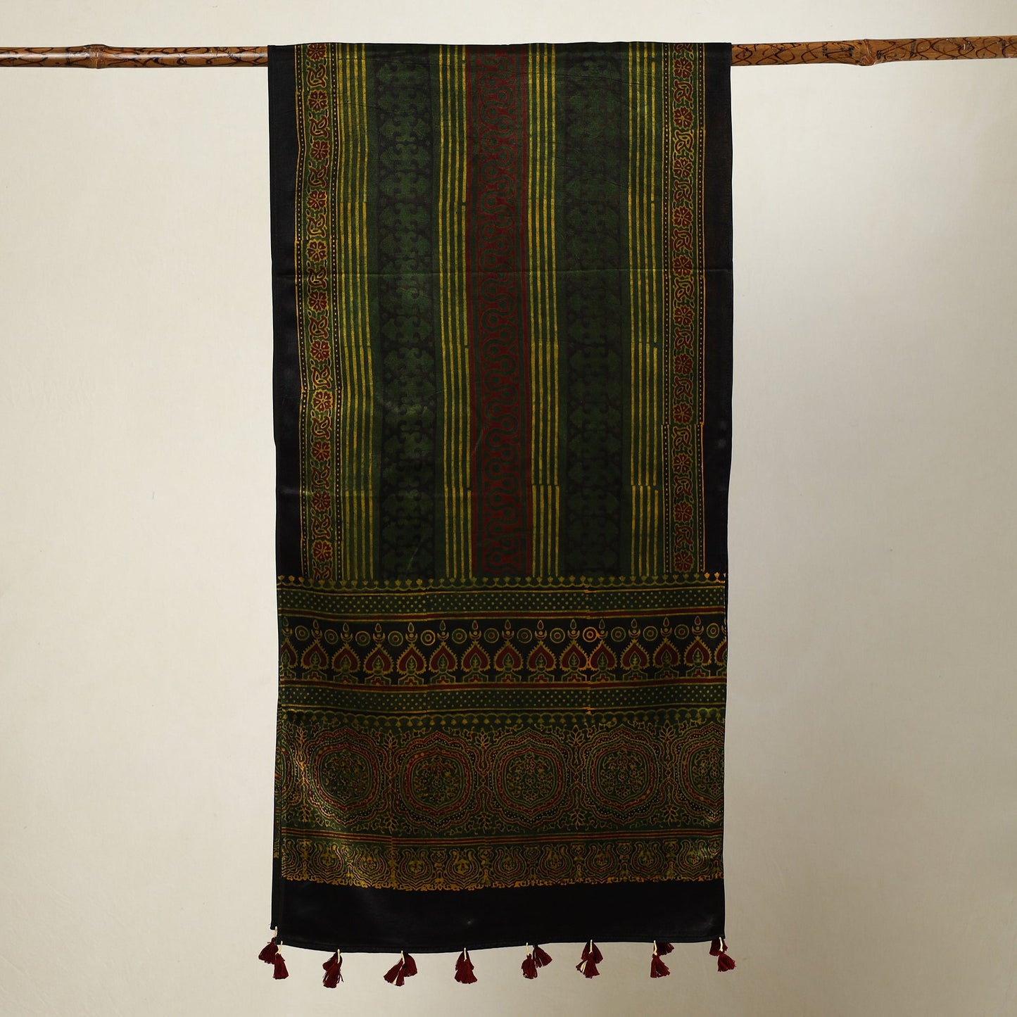 Buy Ajrakh Block Printed Mashru Silk Stole with Tassels Online at iTokri.com