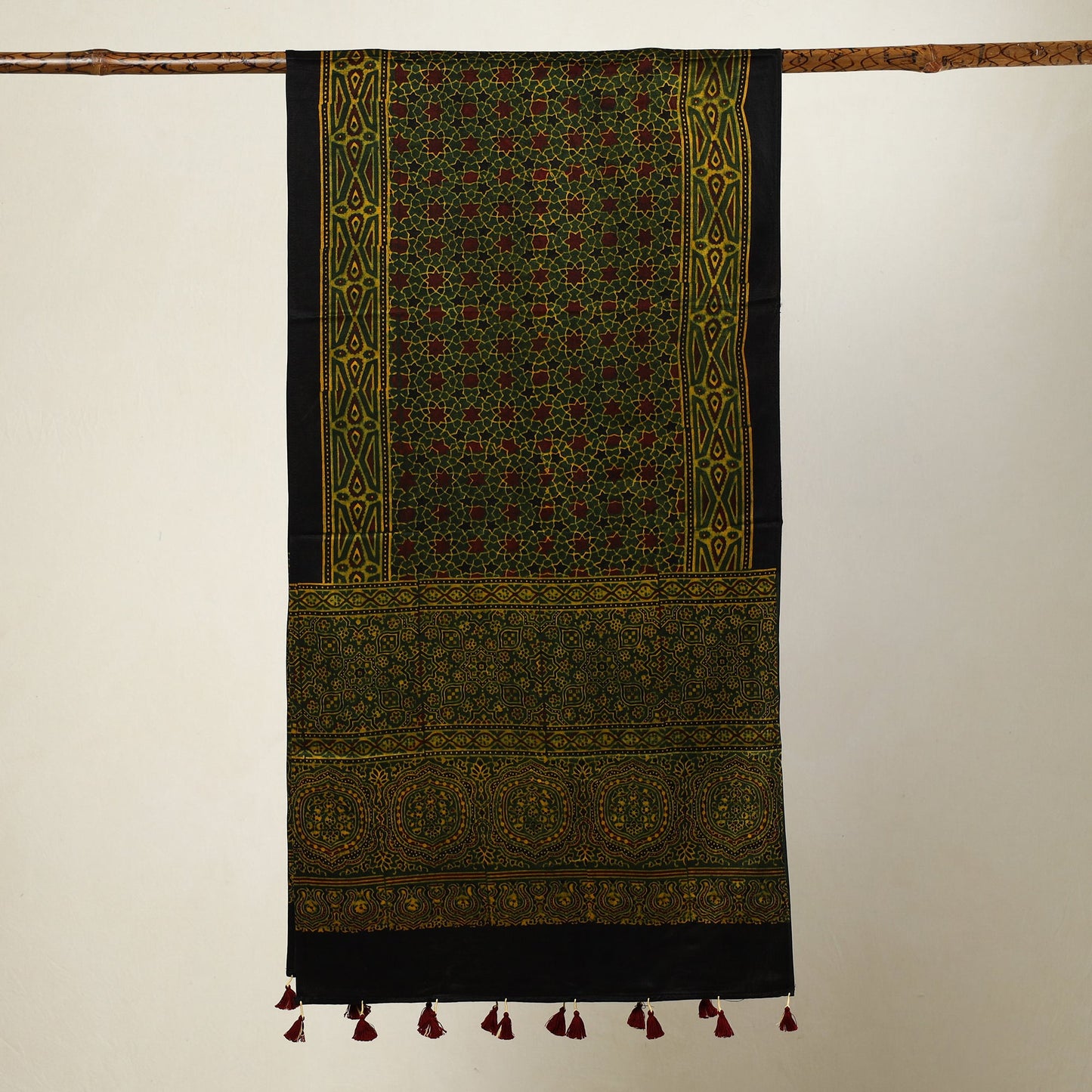 Buy Ajrakh Block Printed Mashru Silk Stole with Tassels Online at iTokri.com