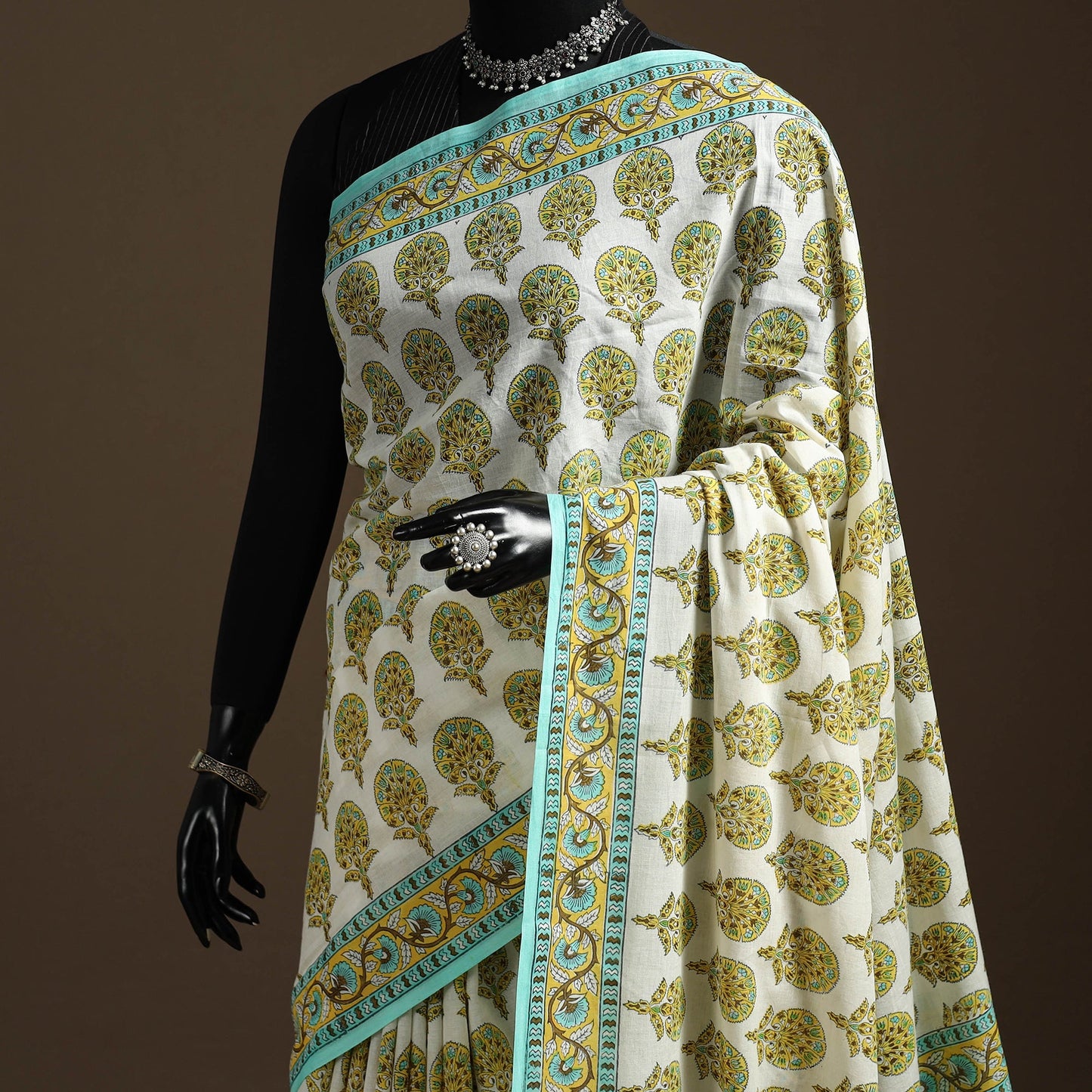 Green - printed mul cotton sanganeri saree - handcrafted