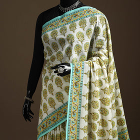 Green - printed mul cotton sanganeri saree - handcrafted