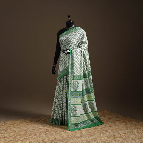 Green - printed mul cotton sanganeri saree - handcrafted