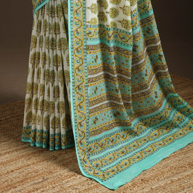 Green - printed mul cotton sanganeri saree - handcrafted