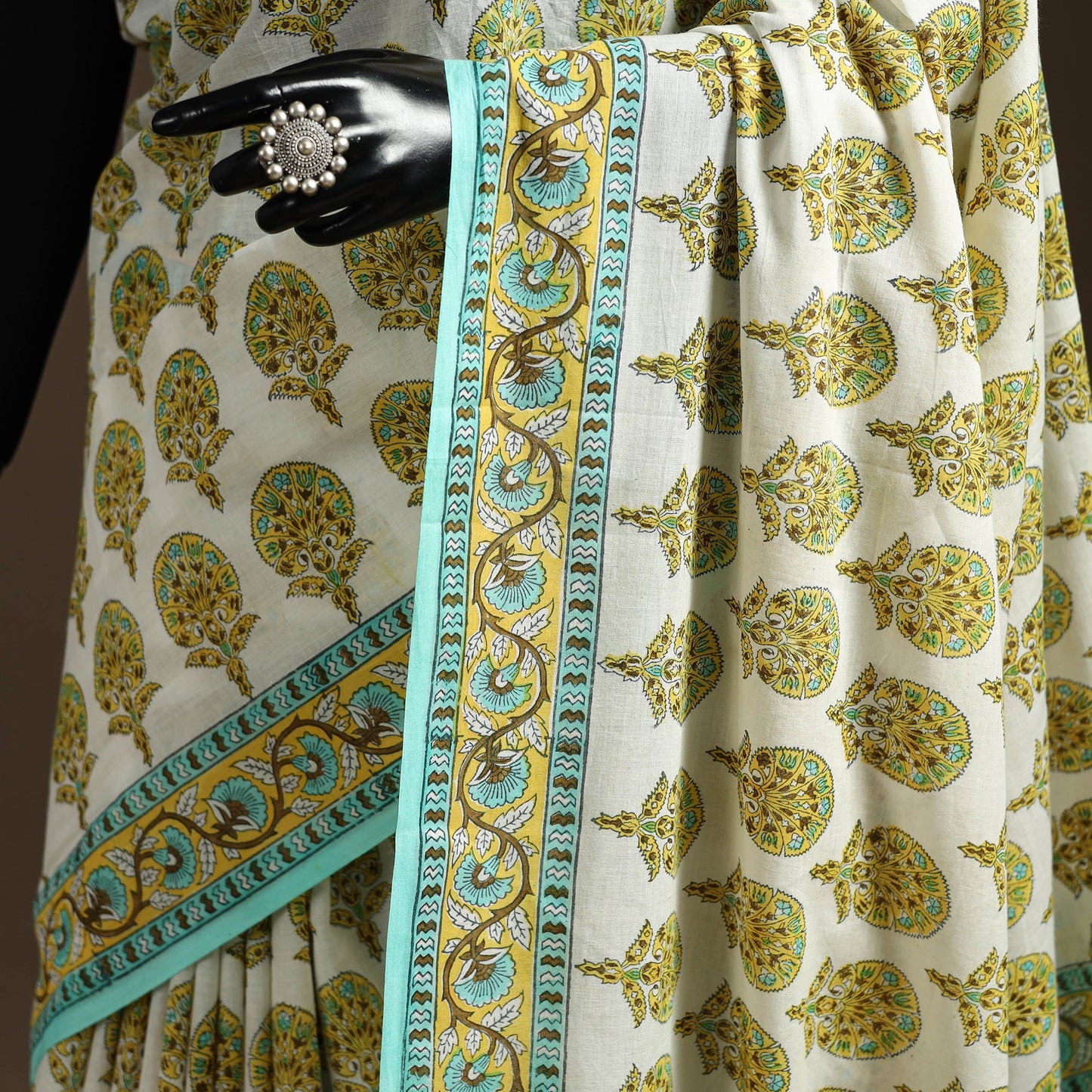 Green - printed mul cotton sanganeri saree - handcrafted