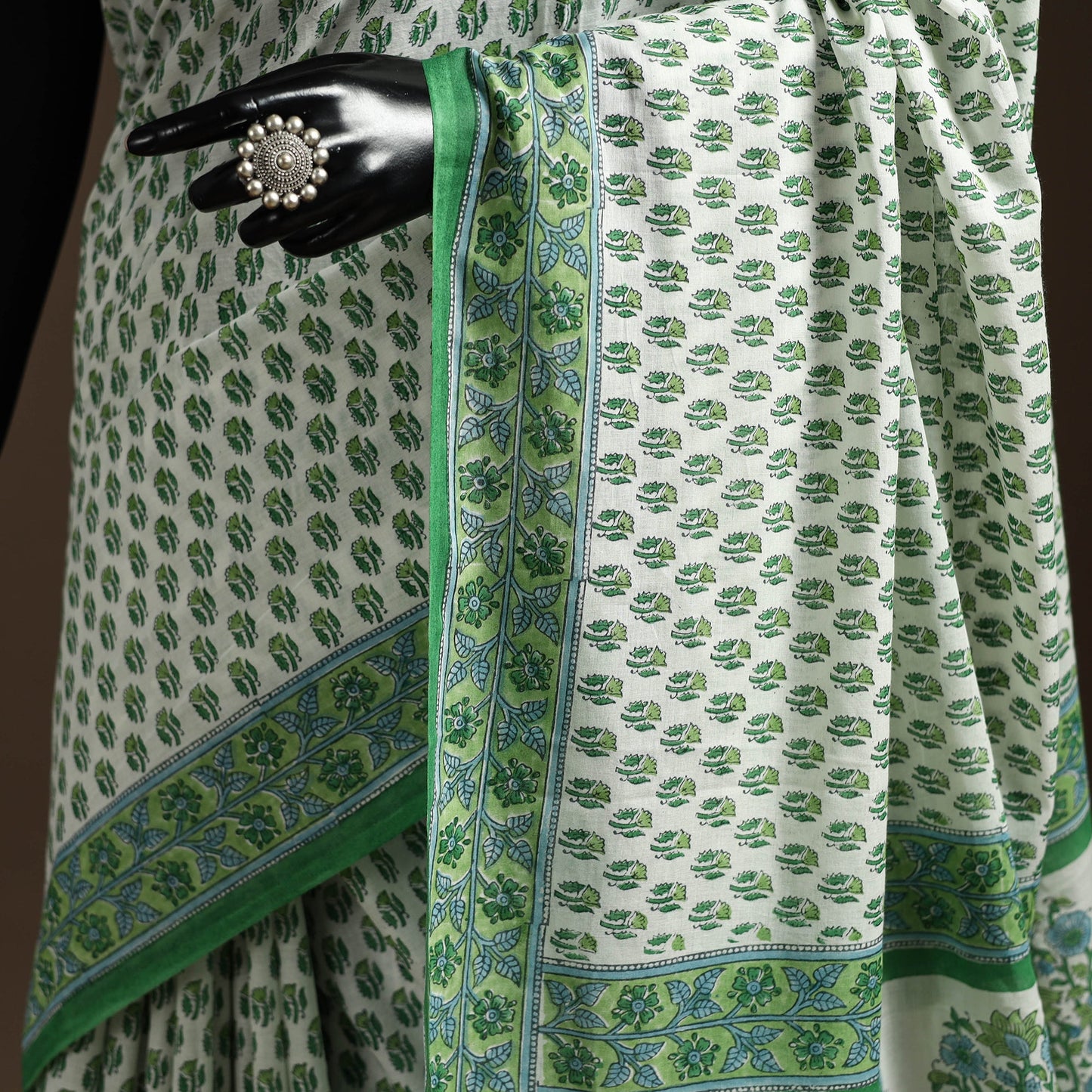 Green - printed mul cotton sanganeri saree - handcrafted