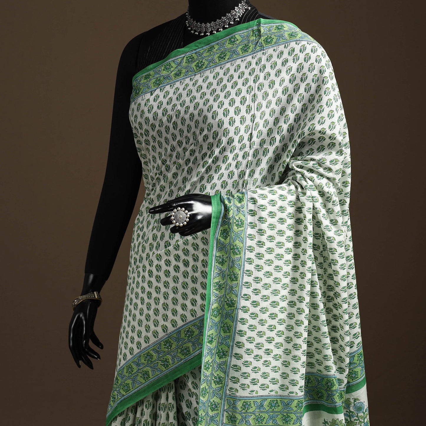 Green - printed mul cotton sanganeri saree - handcrafted