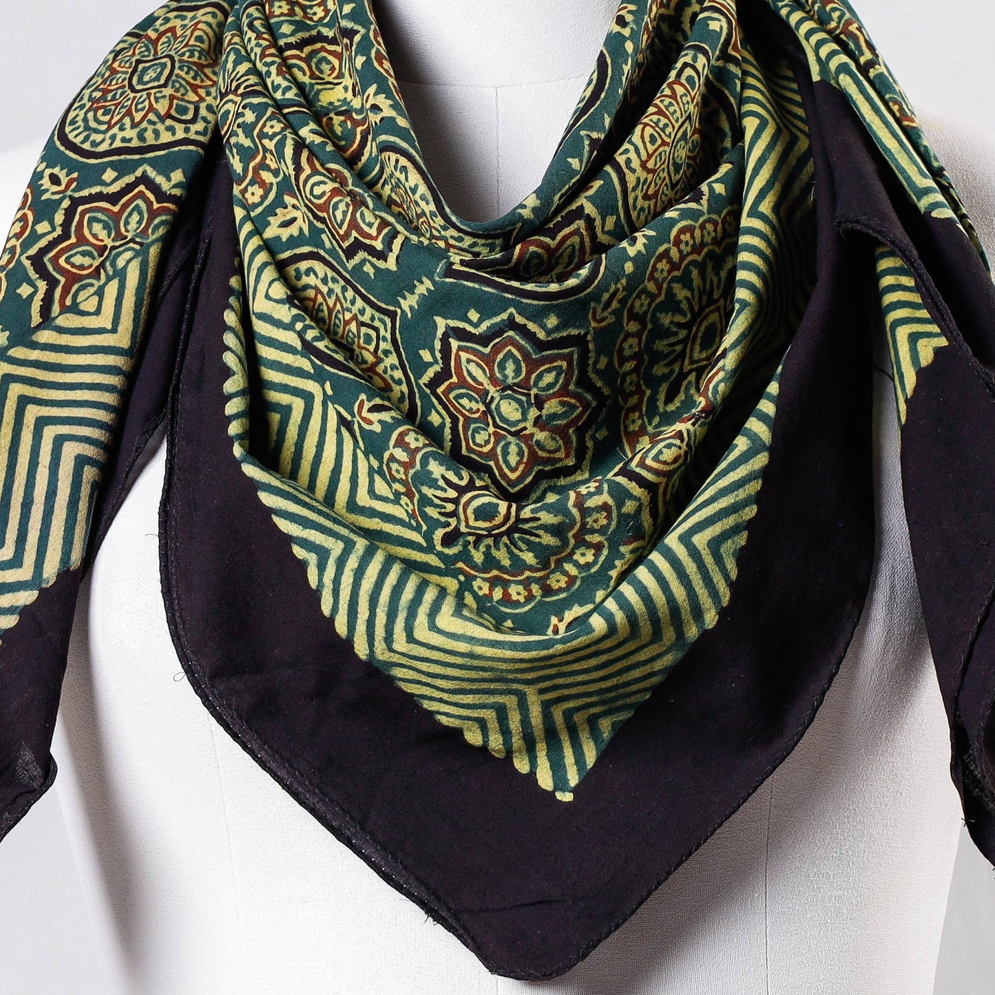 Green Ajrakh Block Printing Cotton Scarf from Kutch 