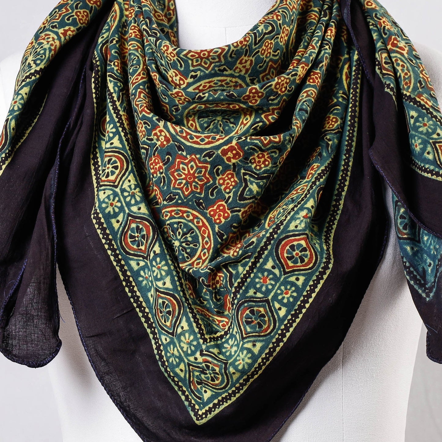 Green Ajrakh Block Printing Cotton Scarf from Kutch 
