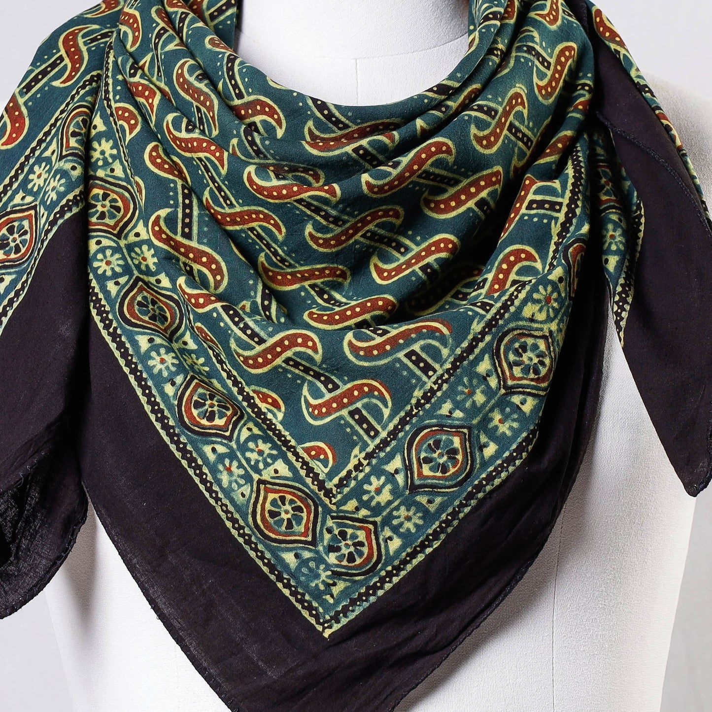 Green Ajrakh Block Printing Cotton Scarf from Kutch 