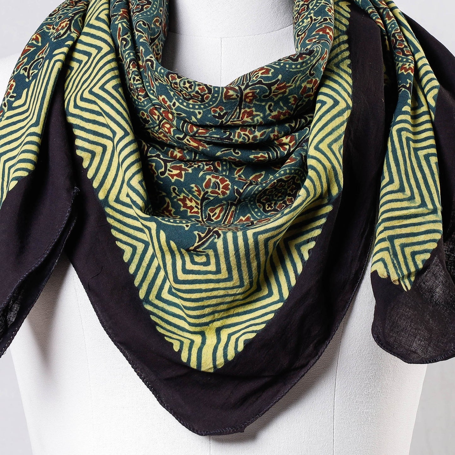 Green Ajrakh Block Printing Cotton Scarf from Kutch 