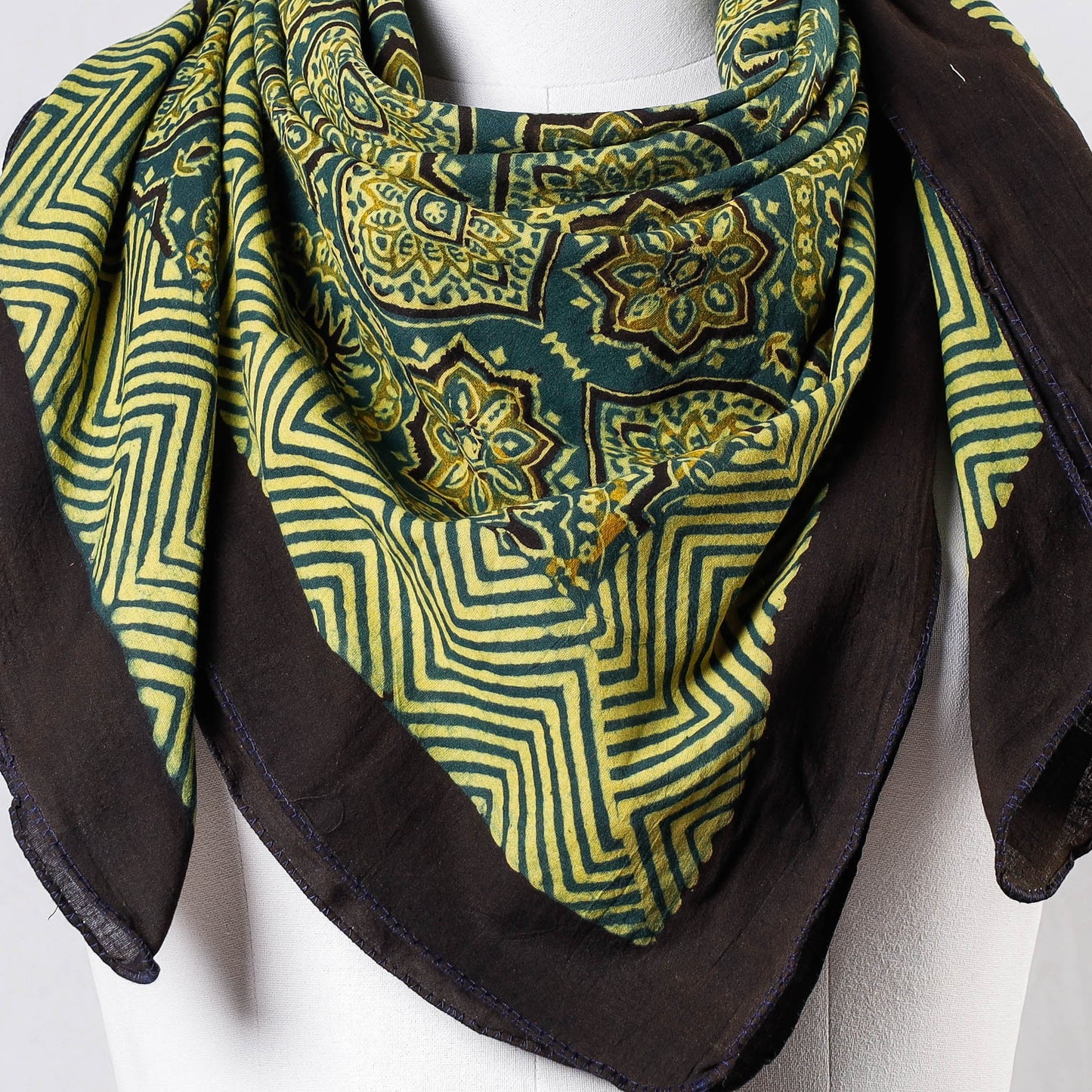 Green Ajrakh Block Printing Cotton Scarf from Kutch 