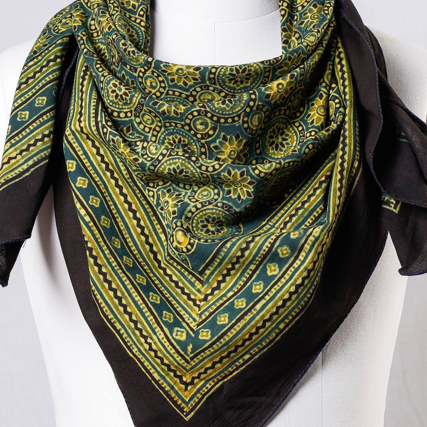 Green Ajrakh Block Printing Cotton Scarf from Kutch 