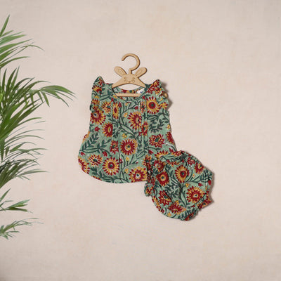 Green - pure cotton baby girls floral top & shorts (6-12