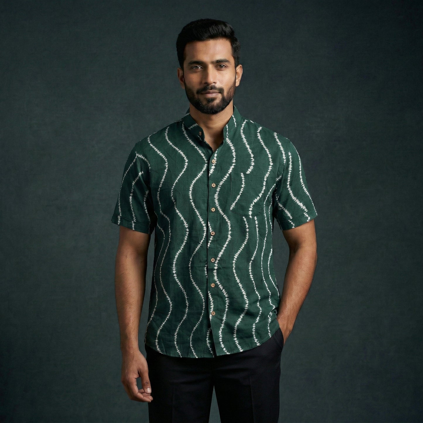 Green - pure cotton half sleeve tie-dye men shibori shirt