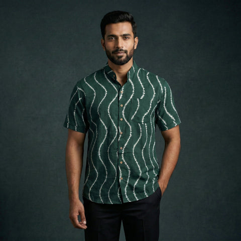 Green - pure cotton half sleeve tie-dye men shibori shirt
