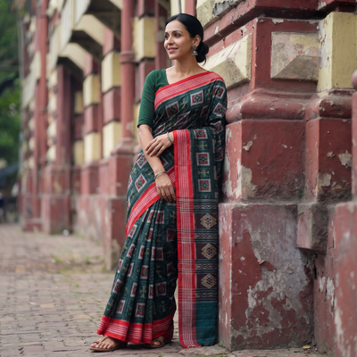 Black Green Pure Handwoven Sambalpuri Ikat Cotton Saree, draped and worn by a woman, AI visual of the saree, iTokri
