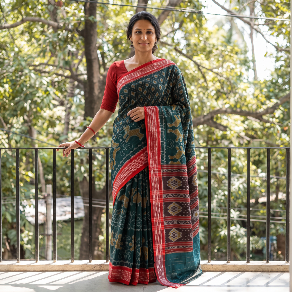 Green Pure Handwoven Sambalpuri Ikat Cotton Saree, draped and worn by a woman, AI visual of the saree, iTokri