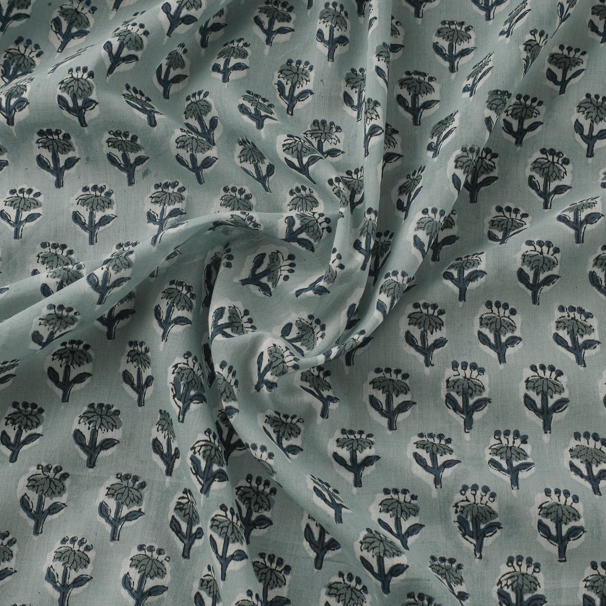 Green Pure Mul Cotton Hand Block Sanganeri Print Fabric