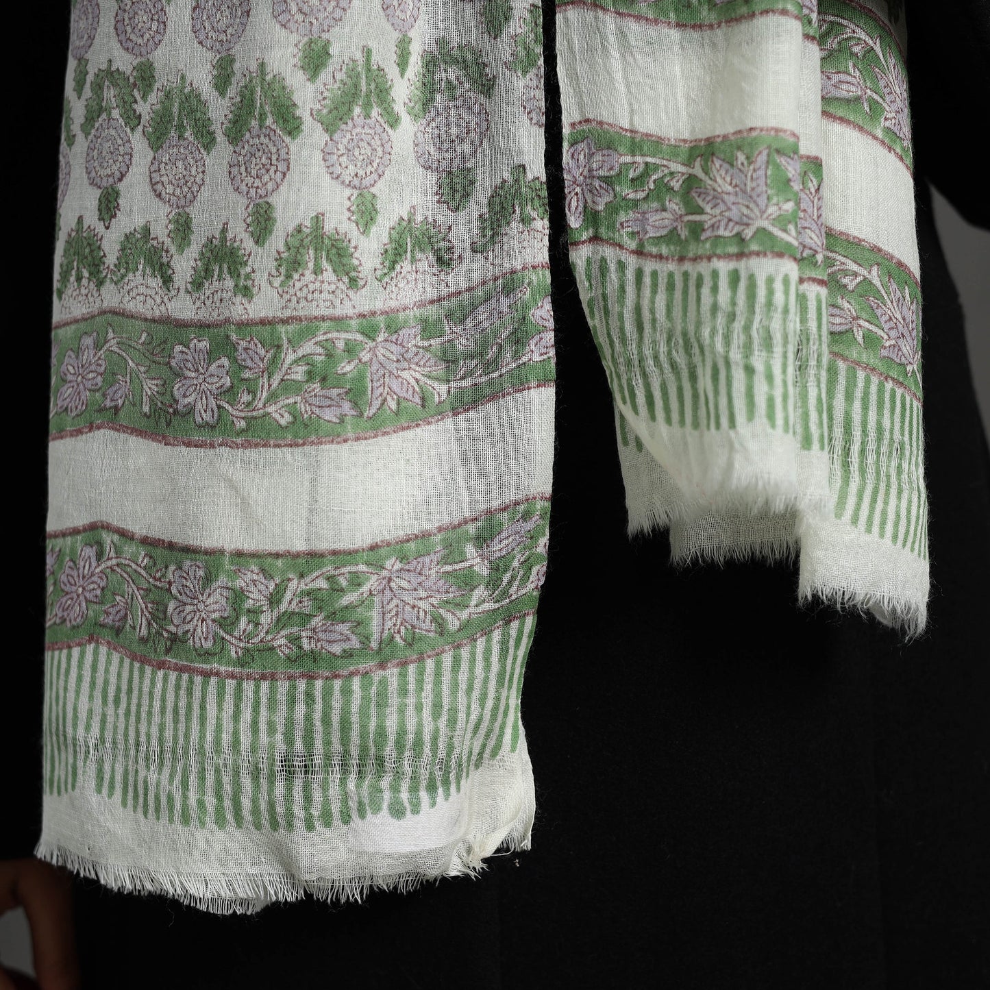  Pure Wool Block Print Green Sanganeri Stole